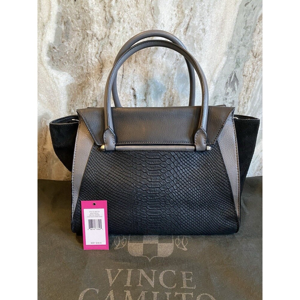 Vince Camuto Addy Leather Satchel Purse Black Gray Large Bag Interior Pristine